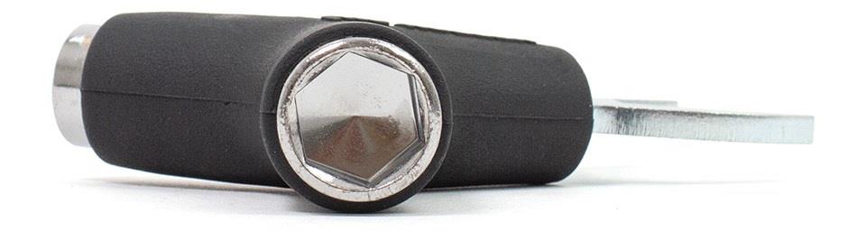 Close-up of the Rio Roller Quad Roller Skate Tool in black with a metal lever, designed by Rio Roller for easy adjustments to your quad roller skates—shown on a white background.