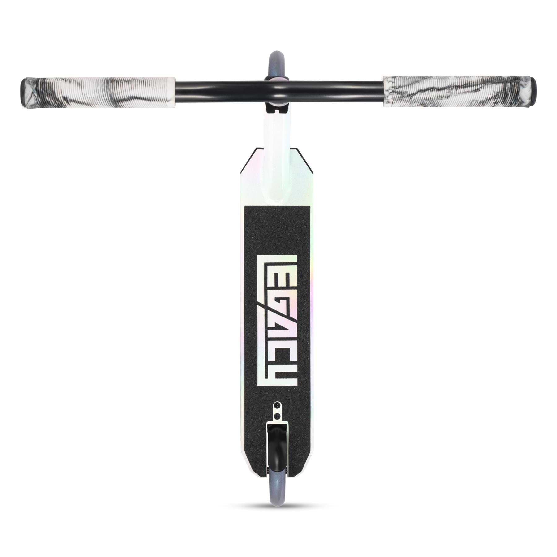 Top-down view of the Legacy Ventus Complete Stunt Scooter – White Glitter by Legacy, featuring black handlebars, translucent grips, a black deck with bold "LEGACY" in white letters, and a single front wheel visible at the bottom.