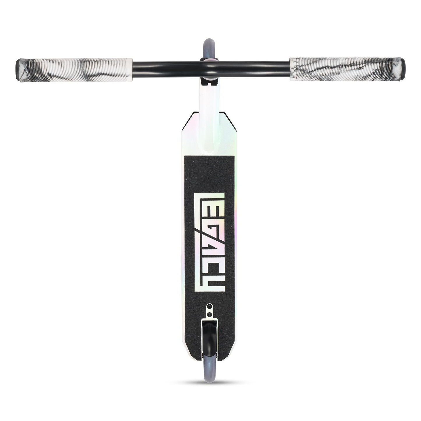 Top-down view of the Legacy Ventus White Glitter Stunt Scooter Starter Bundle by Legacy. The black deck reads "LEGACY," marble-pattern handlebar grips, and gray wheels. The scooter stands vertically against a white background.