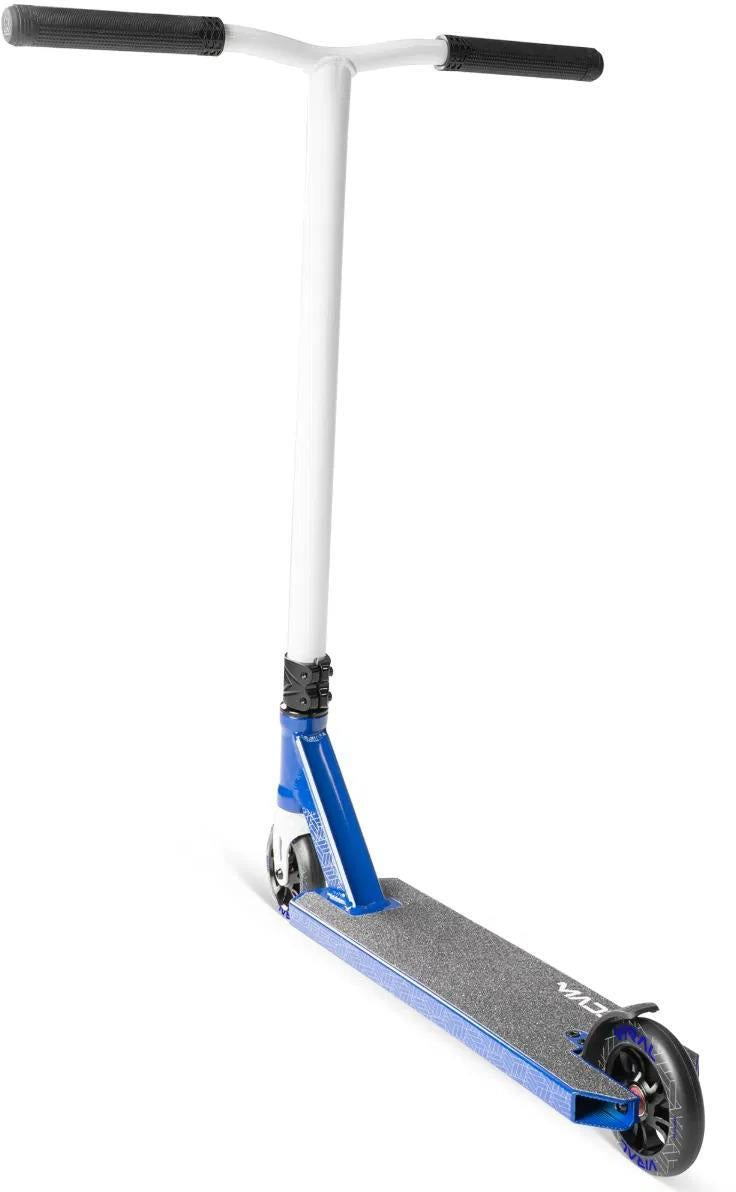 The Madd Gear (MGP) Viral Purge Complete Stunt Scooter - Cobalt features a blue and white design with black handlebar grips, two black wheels, and a textured gray deck for grip—ideal for tricks at the skatepark. Shown on a white background.