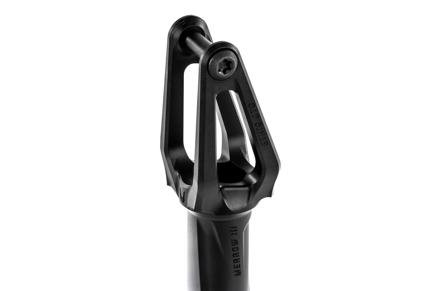 Close-up of the Ethic DTC Merrow V3 SCS Stunt Scooter Fork in black, forged from 7075 aluminium with three prongs and a central bolt, featuring "MERROW III" on the shaft and "CHROMAG" on the side—by Ethic.