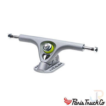 The Paris V3 Reflector Grey Longboard Trucks (Pair) - 180mm feature a silver skateboard truck with a yellow bushing, displaying the Paris brand logo in the bottom right corner. This V3 Truck design is ideal for longboard enthusiasts who prioritize quality and style.
