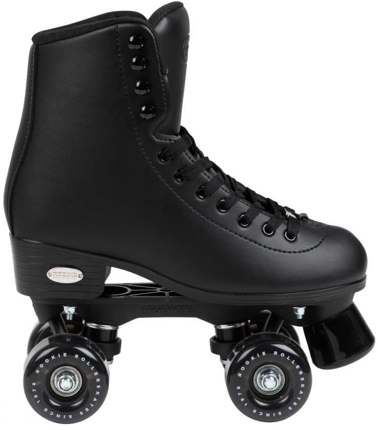The Rookie Classic 78 Quad Roller Skates - Black by Rookie features a high ankle boot, black laces, paired wheels, a front toe stop, and a sturdy metal plate above the wheels.