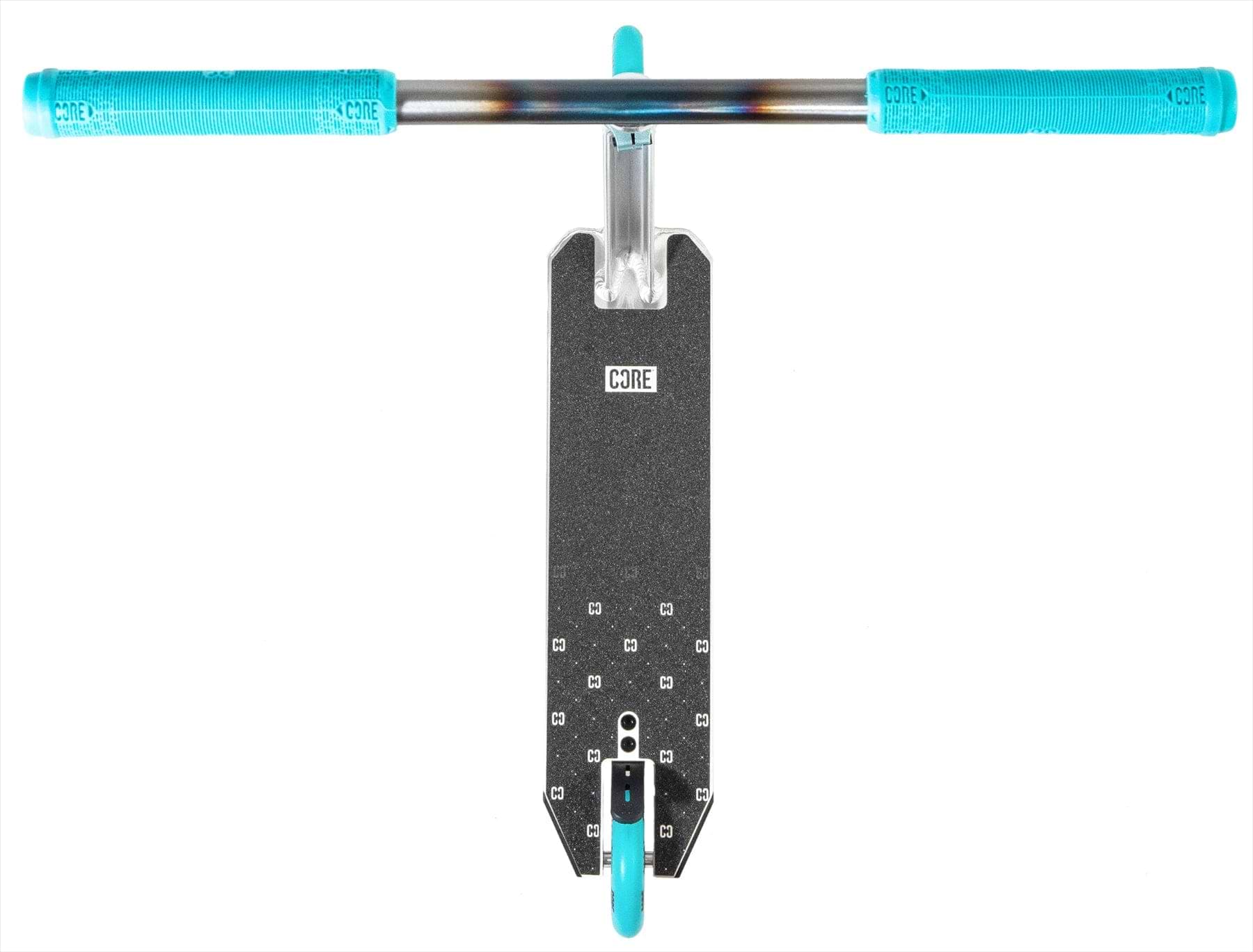 Top view of the CORE CG1 Complete Stunt Scooter - Raw/Teal: features a black rectangular deck with textured surface and CORE branding, silver T-shaped handlebars with blue grips, and a teal rear wheel.