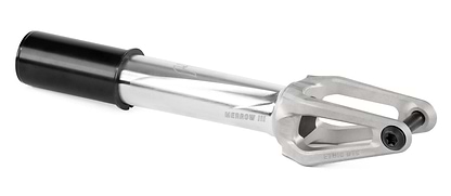 The Ethic Merrow V3 HIC Stunt Scooter Fork in raw silver by Ethic features a hollow, pronged design crafted from 7075 aluminium and is acclaimed as the world's lightest fork.