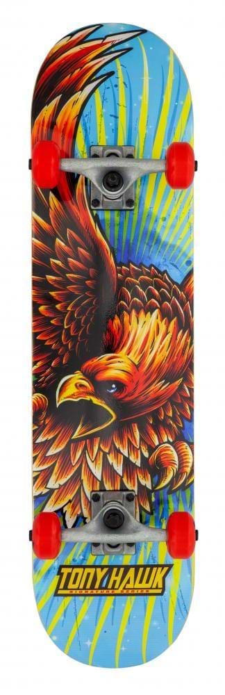 The Tony Hawk 180 Series Golden Hawk Complete Skateboard (7.75" x 31.5") features bold eagle artwork on a blue deck, red wheels, and “Tony Hawk” in yellow. Built by Tony Hawk, it has a sturdy 7-ply maple deck and is great for entry-level skaters.
