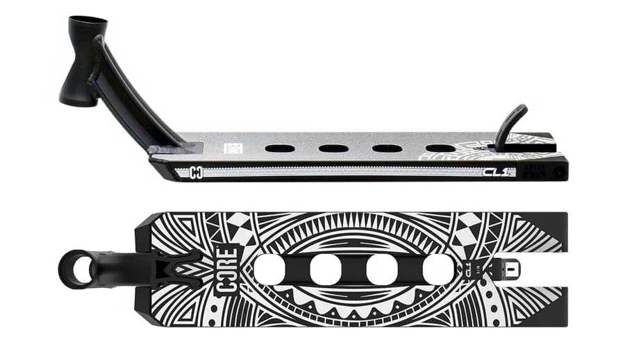 A black and white park-focused scooter deck featuring tribal patterns and the "CORE" brand prominently displayed. The CORE CL1 Black Stunt Scooter Deck measures 5" x 19" and includes three large circular cutouts, a head tube, and a brake. It is shown from both the side and top views, highlighting its striking design.