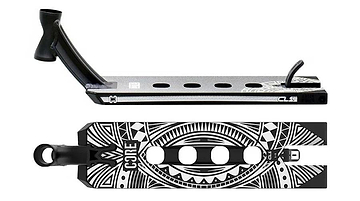 A black and white park-focused scooter deck featuring tribal patterns and the "CORE" brand prominently displayed. The CORE CL1 Black Stunt Scooter Deck measures 5" x 19" and includes three large circular cutouts, a head tube, and a brake. It is shown from both the side and top views, highlighting its striking design.