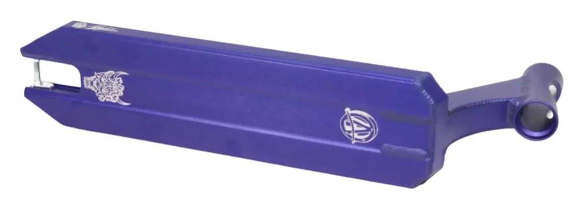 The Apex Pro Angus Hughes V3 Purple Signature Stunt Scooter Deck, featuring white graphics, highlights a lightweight design with its 5" x 19.3" flat wide base and rear brake mount.