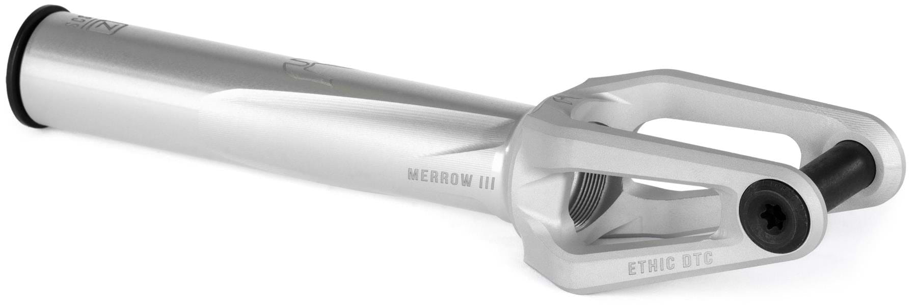 The Ethic DTC Merrow V3 8/12STD SCS Stunt Scooter Fork in raw silver, by Ethic, is displayed at an angle on a white background with "MERROW III" and "ETHIC DTC" engraved on its side.