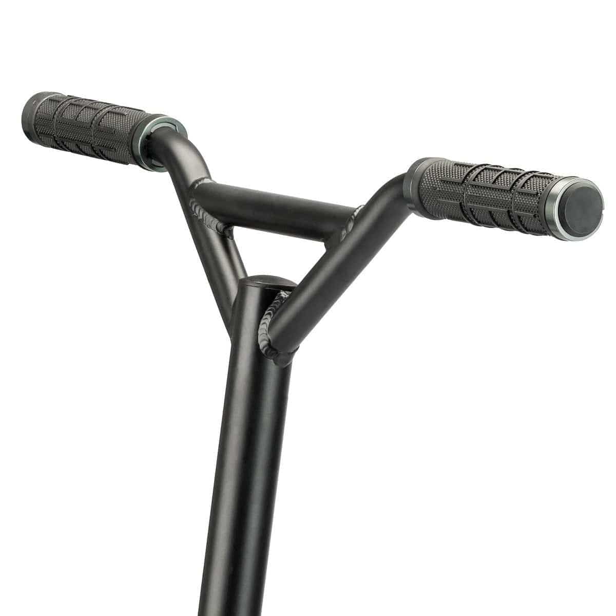 Close-up of Osprey Complete Dirt Scooter handlebars with textured rubber grips on a matte gun metal grey stem—built for off-road impacts with 200mm pneumatic wheels. Perfect durability and control from Osprey.