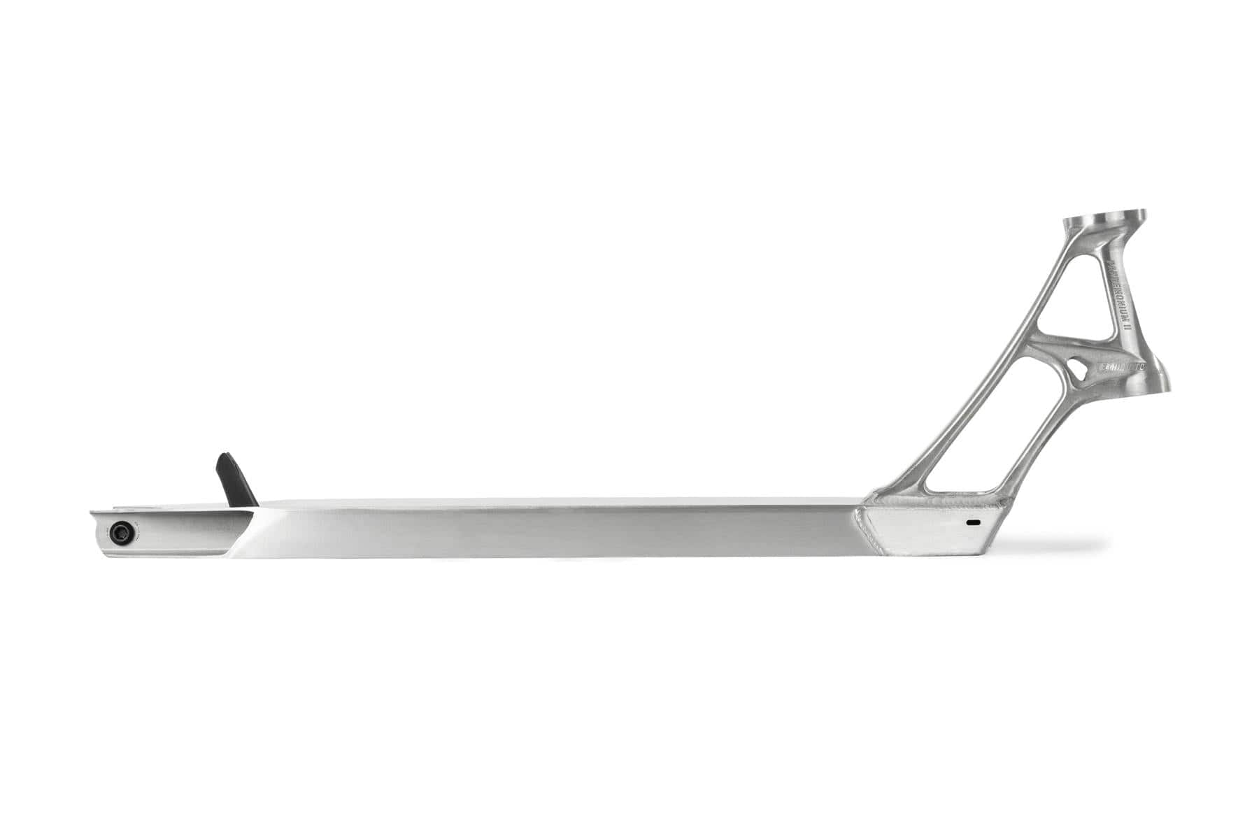 The Ethic DTC Pandemonium V2 Raw Stunt Scooter Deck, measuring 5.1" x 18.1", boasts a sleek and minimalist design with an integrated neck and head tube. Crafted from durable 6061-T6 aluminum, this deck is lightweight with a modern aesthetic, finished in brushed metal and accented by a small black component at one end.