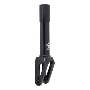 The UrbanArtt Anvil SCS/HIC Stunt Scooter Forks in Black showcase a modern design with angular cutouts and a cylindrical top, made from robust 6061-T6 aluminum. They prominently display a stylish logo near the top and come equipped with SCS/HIC compression for secure attachment, along with a bolt at the bottom.