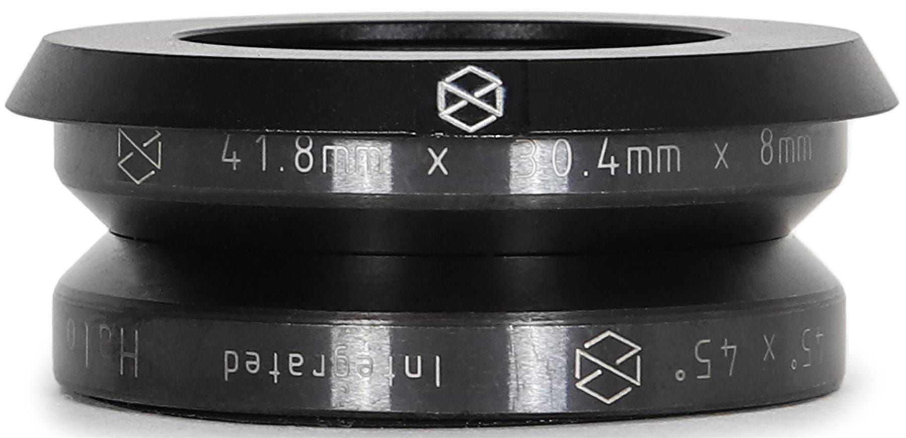The Native Halo Integrated Stunt Scooter Headset - Black by Native features a minimalist black metal design, engraved measurements (41.8mm x 30.4mm x 8mm and 45 x 45), and logos on both ends—perfect for SCS Setup enthusiasts.