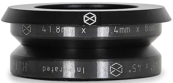 The Native Halo Integrated Stunt Scooter Headset - Black by Native features a minimalist black metal design, engraved measurements (41.8mm x 30.4mm x 8mm and 45 x 45), and logos on both ends—perfect for SCS Setup enthusiasts.
