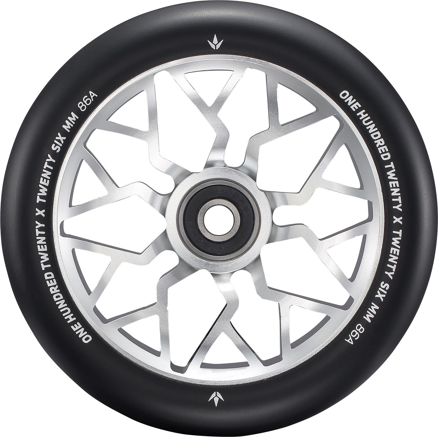 A close-up of the Blunt Envy Sector 120mm Stunt Scooter Wheel - Silver features a black and silver design with geometric spokes. The edge is marked with “ONE HUNDRED TWENTY X TWENTY SIX MM 86A.”.