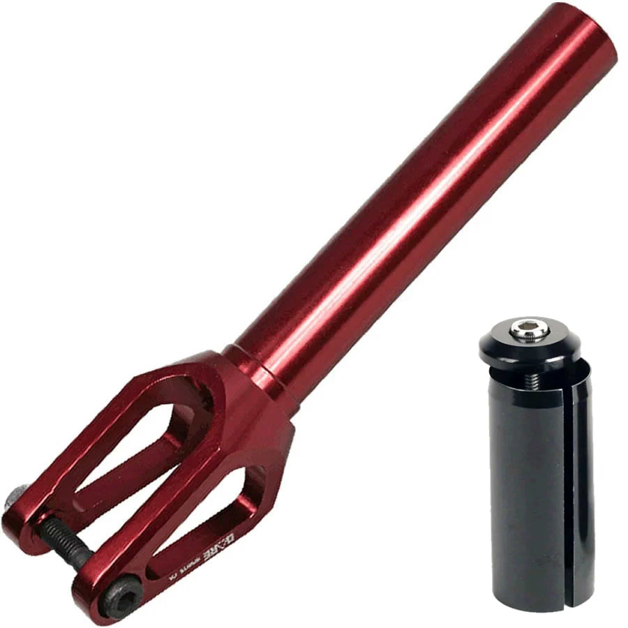 The Dare Dimension IHC Stunt Scooter Forks - Red by Dare features a red CNC-machined aluminium fork with a cylindrical steerer tube and a black IHC compression plug, both shown on a white background.