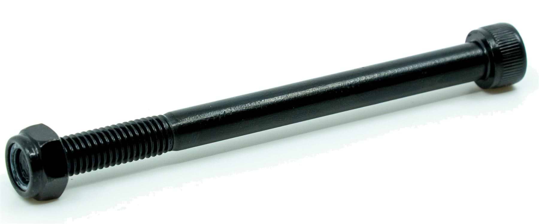 The CORE Replacement 110mm Stunt Scooter Rear Axle Bolt by CORE is a black metal bolt with a hex nut and rounded head, ideal for replacing stunt scooter rear axles. Shown on a white background.