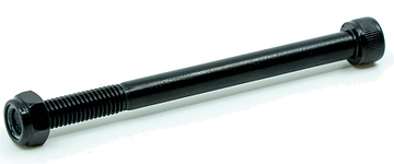 The CORE Replacement 110mm Stunt Scooter Rear Axle Bolt by CORE is a black metal bolt with a hex nut and rounded head, ideal for replacing stunt scooter rear axles. Shown on a white background.