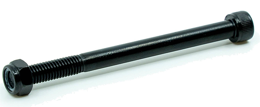 The CORE Replacement 110mm Stunt Scooter Rear Axle Bolt by CORE is a black metal bolt with a hex nut and rounded head, ideal for replacing stunt scooter rear axles. Shown on a white background.