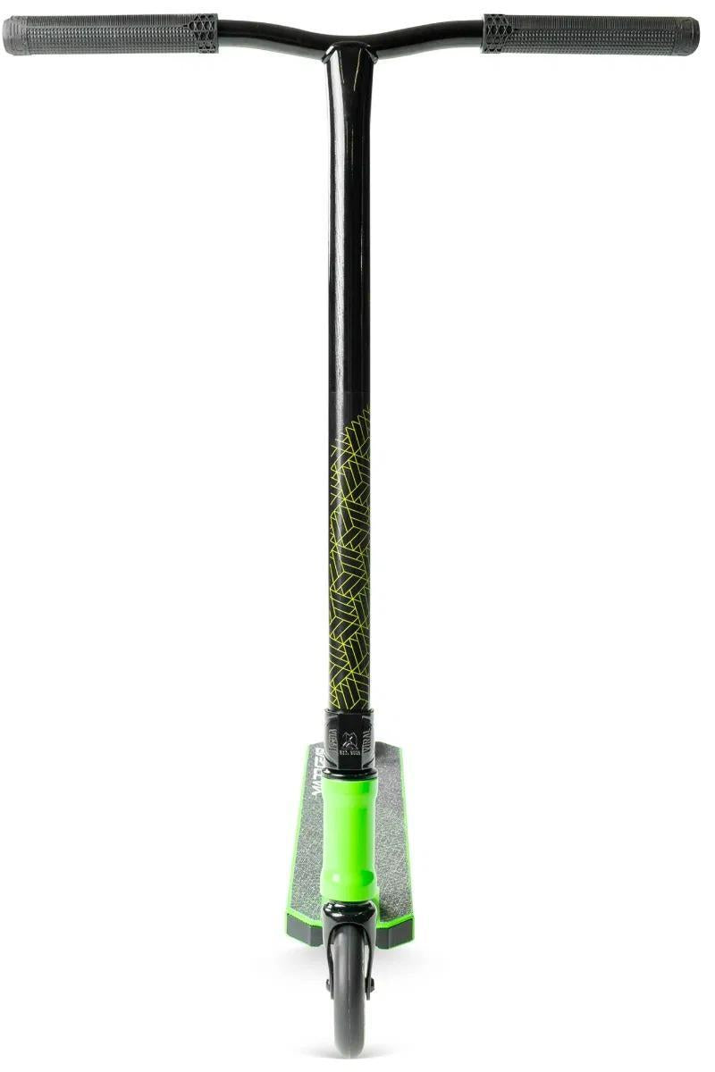 The Madd Gear Viral Purge Complete Stunt Scooter - Jade features a wide handlebar, black grips, a patterned black stem, and a single front wheel—perfect for kids who love tricks and stunts.