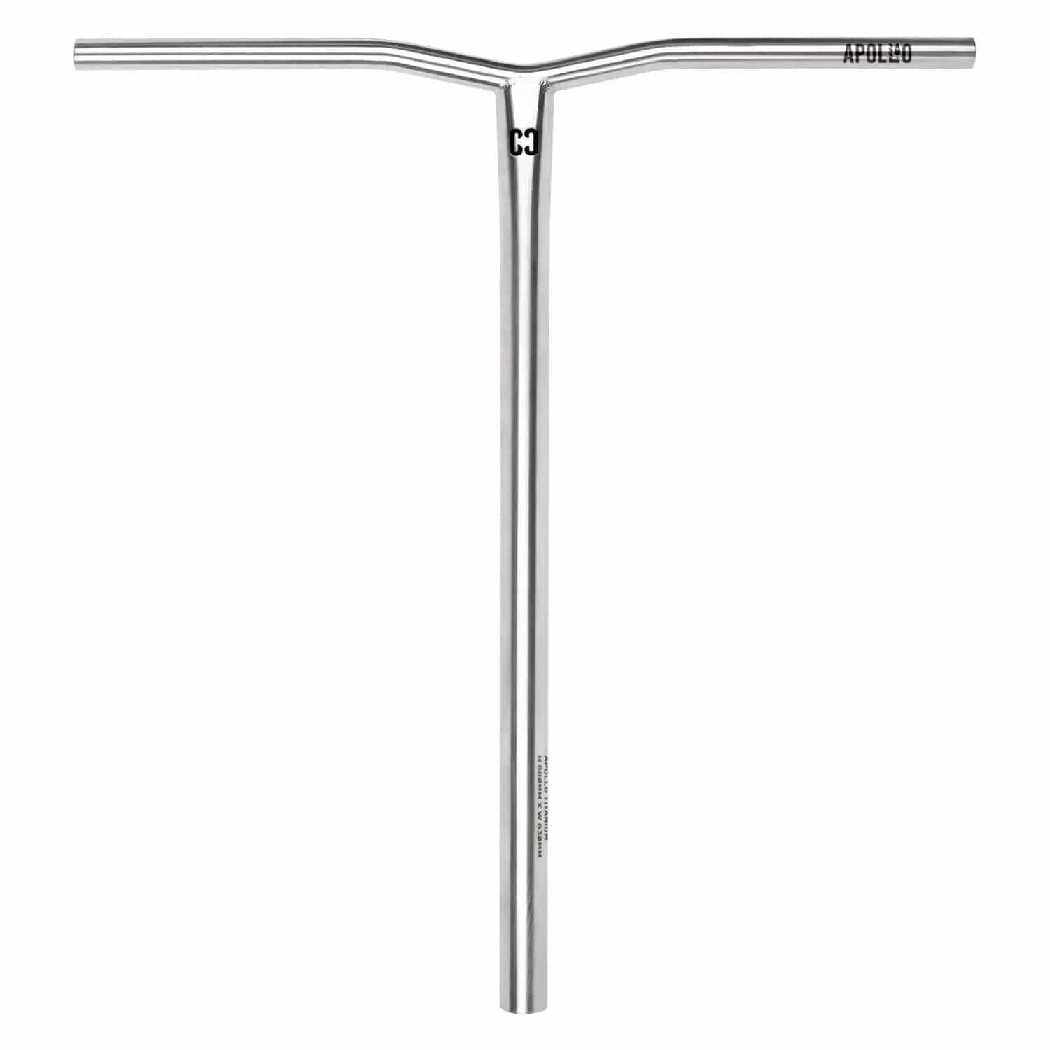 A raw, lightweight scooter handlebar from CORE is displayed against a white background. The T-shaped titanium Apollo V2 bar features a subtle logo near the center joint and "APOLLO" printed on the right side, emphasizing its sleek design among other scooter bars.
