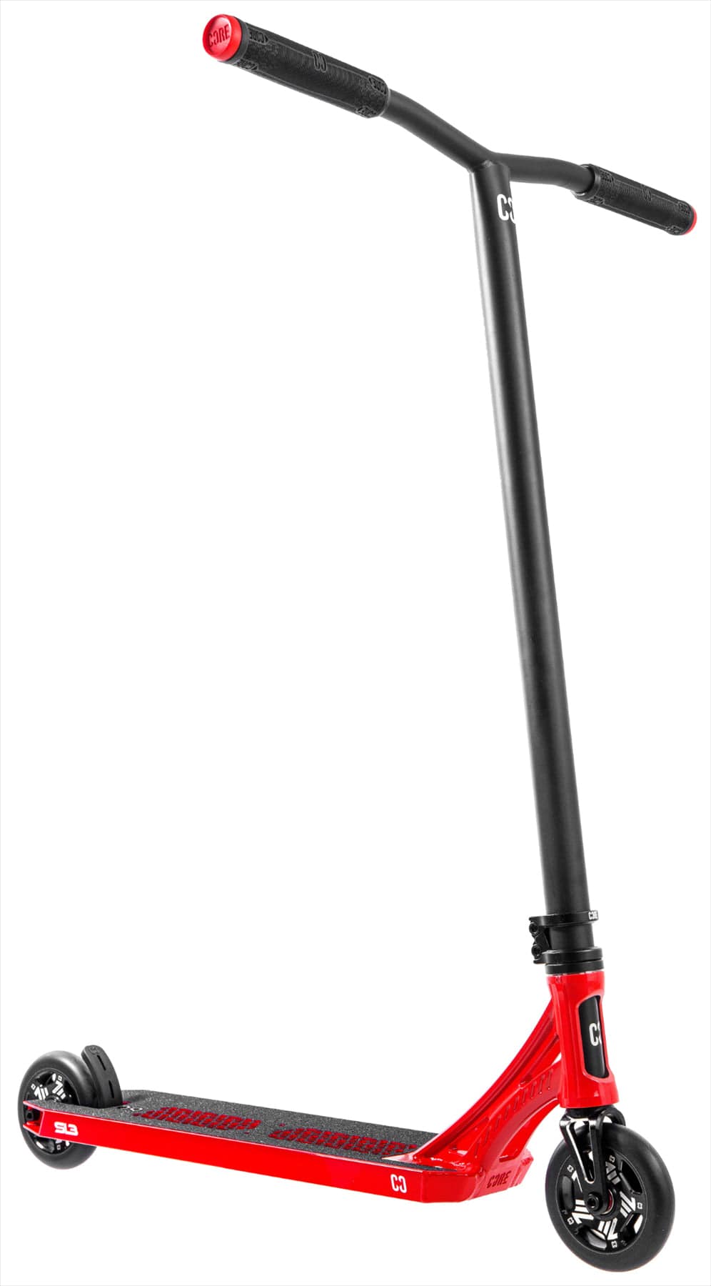The CORE SL3 Complete Stunt Scooter by CORE, shown upright on a white background, features a wide deck, black handlebars, two small black wheels, and a red/black design—ideal as a lightweight pro scooter for the skatepark.