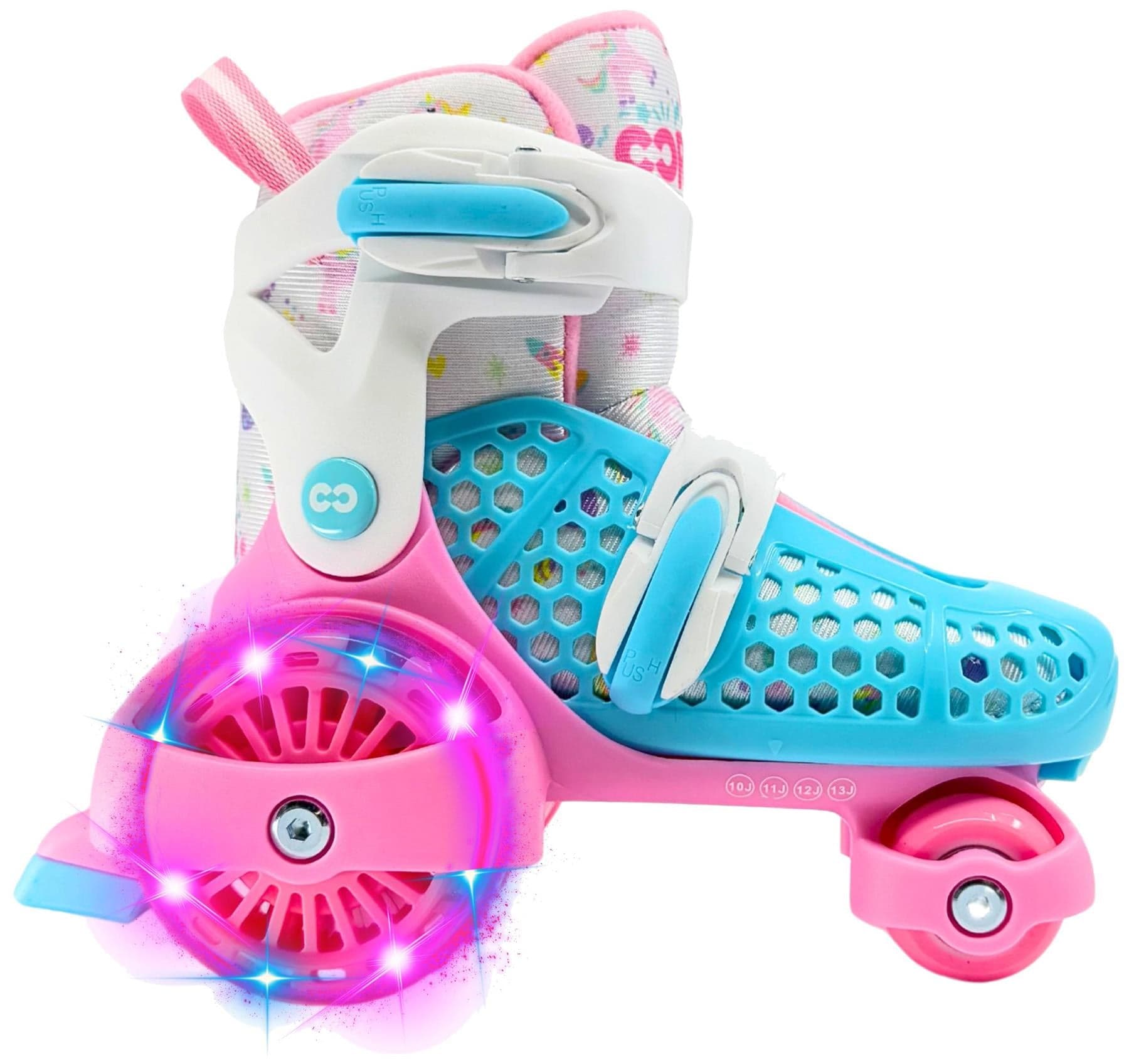 The CORE Kids Newbie LED Adjustable Roller Skates - Pink / Blue by CORE feature pink, blue, and white accents, a light-up front wheel, playful patterns, and an adjustable fit—perfect for first-time skaters.