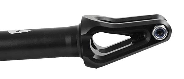 A close-up of the Supremacy Spartan SCS/HIC Stunt Scooter Forks in matte black reveals a sleek metal component with a cylindrical body and triangular bracket at one end. Made from high-grade aluminum, the visible bolt or screw at the tip of the bracket hints at precision CNC milling for its use in mechanical assemblies or tools.