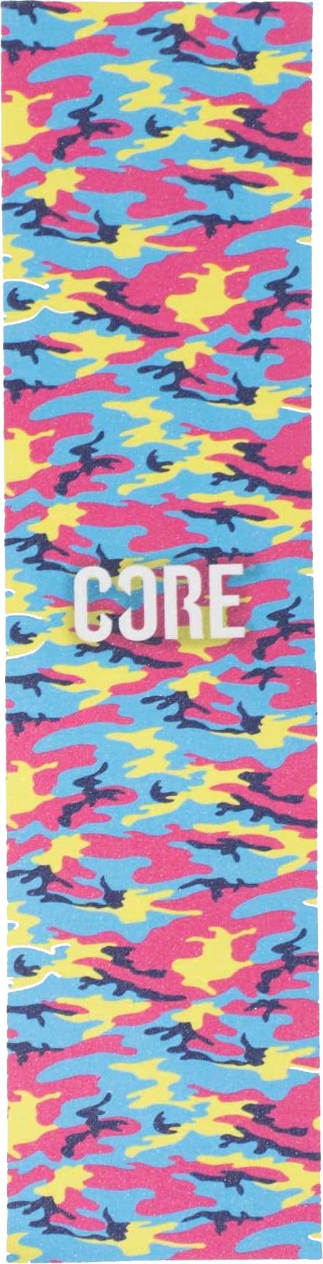 The CORE Stunt Scooter Griptape - Neon Camo by CORE features a rectangular shape with a vibrant blue, pink, yellow, and black camo design plus bold white "CORE" lettering—ideal for personalizing your stunt scooter.