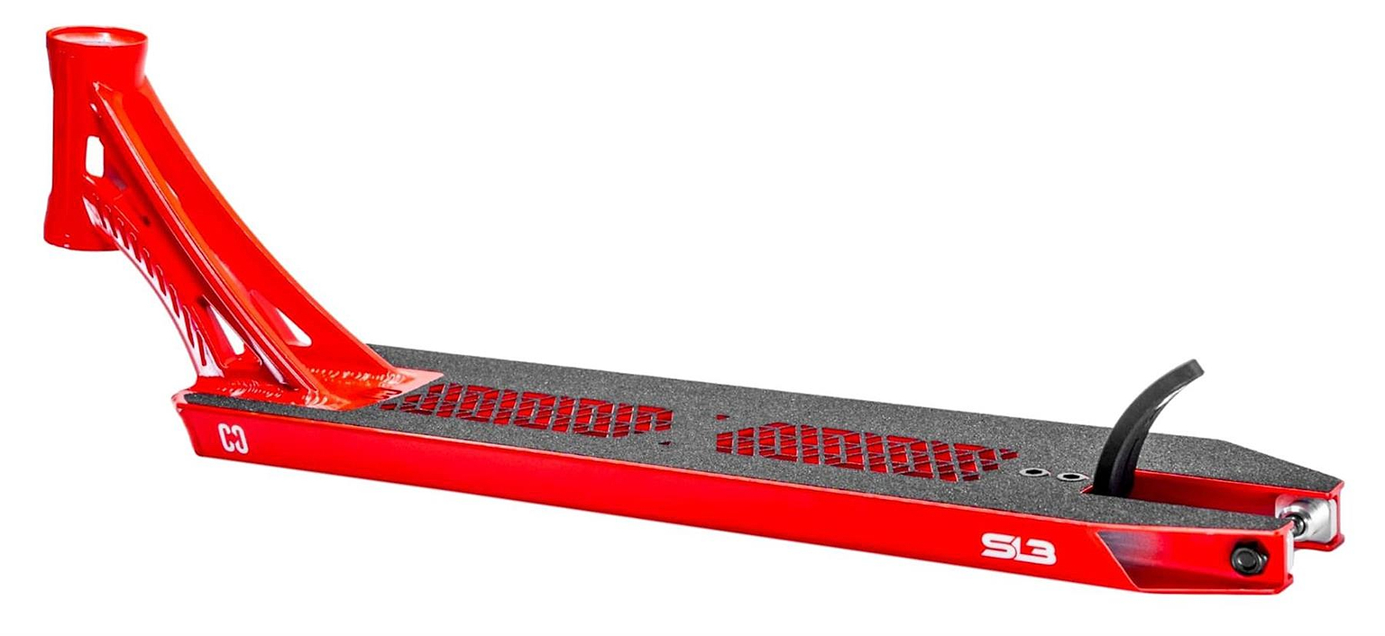 The CORE SL3 Forged Candy Red Stunt Scooter Deck (5.25" x 19.3"/20.5") features black grip tape, a cutout design, angled head tube, curved rear brake, and bold white "S3" branding—perfect for park riding.