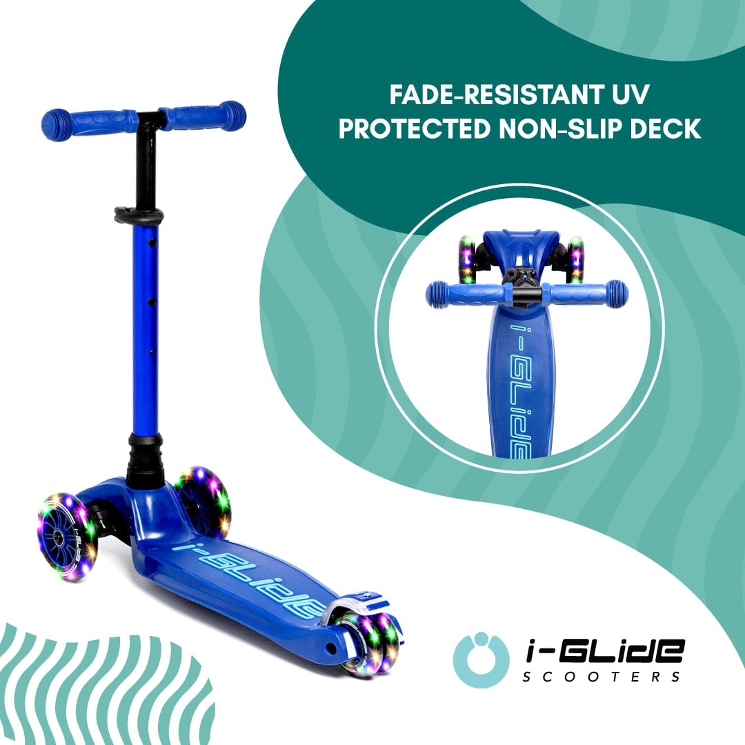 Image of an i-Glide 3-Wheel LED Kids Scooter in blue with glowing LED wheels. The scooter is equipped with a fade-resistant, UV-protected non-slip deck and features an adjustable height handlebar. The I-Glide brand logo is displayed at the bottom right on a teal background.