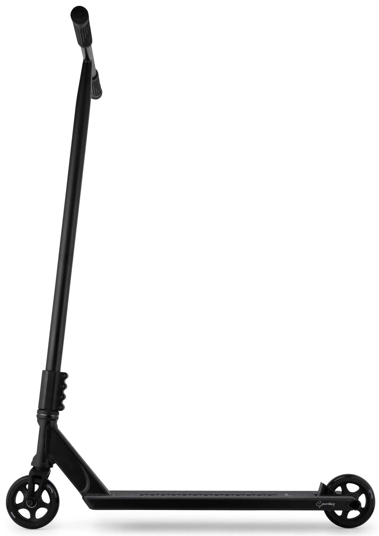 The Drone Nexus Kai Saunders 'Saundezy' Signature Stunt Scooter in black by Drone features a minimalist design with two small wheels and a straight handlebar, shown against a white background.