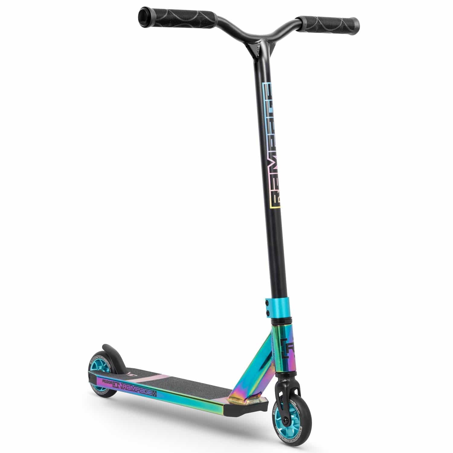 The Rampage R100A Complete Stunt Scooter - Oil Slick Neochrome by Rampage features a black handlebar, iridescent deck, durable wheel mounts, small wheels, and a non-slip grip—ideal for park tricks and freestyle stunts.