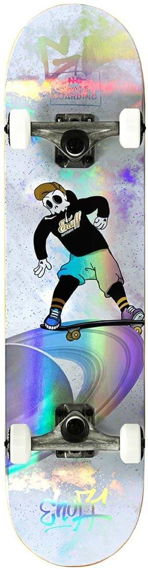 Introducing the Enuff Skully Hologram White Mini Complete Skateboard, ideal for entry-level skaters. It features a 7.25" x 29.5" deck with a colorful holographic skeleton in a hoodie and cap amidst abstract swirls in purple, blue, and pink, finished with sleek white wheels.