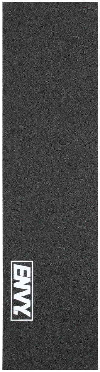 Rectangular, rough-textured black skateboard grip tape by Blunt Envy has a white rectangular "ENVY" logo in the bottom right corner, indicating its high-quality Blunt Envy High Grit Stunt Scooter Griptape - Logo Box design.