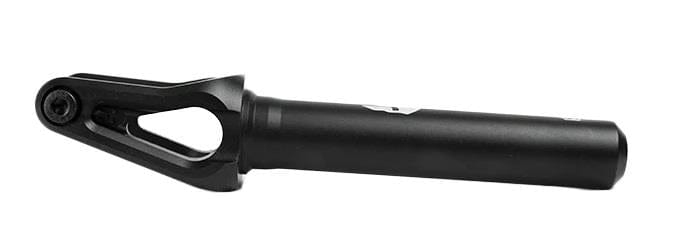 The Supremacy Spartan SCS/HIC Stunt Scooter Forks are crafted from high-grade aluminum and sport a sleek, cylindrical design with an integrated axle hole. These forks, made by Supremacy, are CNC milled for precision and feature a matte black finish that provides a smooth yet robust appearance, perfect for securely connecting your scooter's front wheel to its deck.