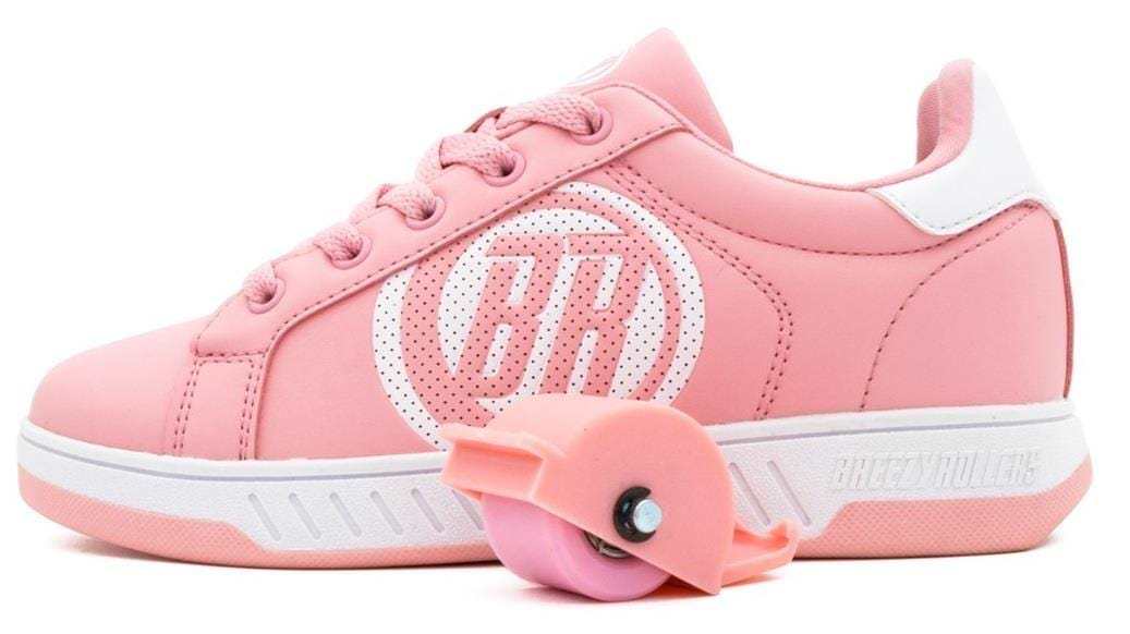The Breezy Rollers Classic Shoes in Pink/White feature white accents, "BR" initials on the side, and a patented system with a detachable pink heel wheel—ideal for walking or rolling.