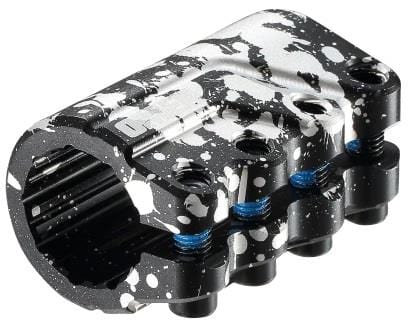 The Blunt Envy Omen 4 Bolt Oversized SCS Stunt Scooter Clamp - Splatter is a black metal clamp with white paint splatters, four bolt holes, and blue thread on the bolts—perfect for securely attaching handlebars.
