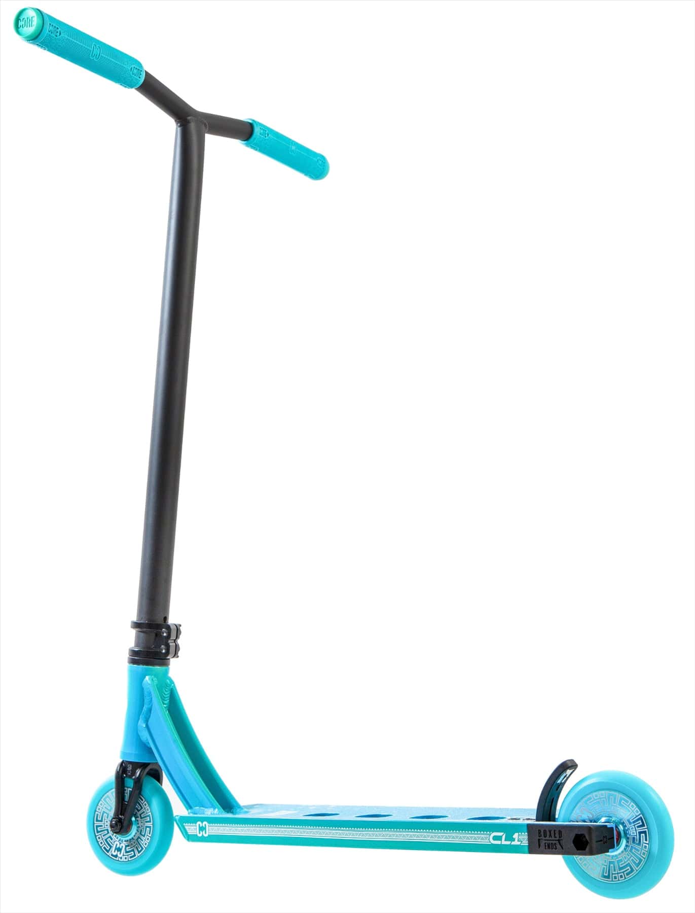 The CORE CL1 Complete Stunt Scooter - Turtlesent by CORE features a turquoise and black design with turquoise handlebars, wheels, and deck. Its T-shaped handlebar and sleek build make it ideal for skatepark riding. Shown against a white background.