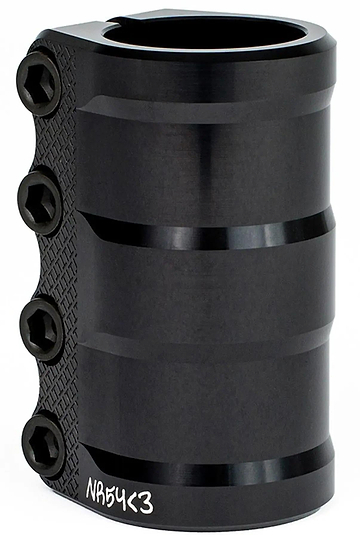 The Tilt Nikita LT 4 Bolt Standard SCS Stunt Scooter Clamp in black features a strong metal build, four hex bolts, a textured grip pattern, and engraved branding near the base. Designed for SCS compression systems, it ensures a secure and reliable fit.