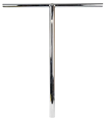 The Supremacy Trojan Steel Oversized SCS Stunt Scooter T-Bars in Chrome, with dimensions of 710mm x 610mm, stand upright against a plain white background. The sleek chrome design highlights its focus on ultimate control and durability, while the high tensile Chromoly construction ensures top-tier performance.