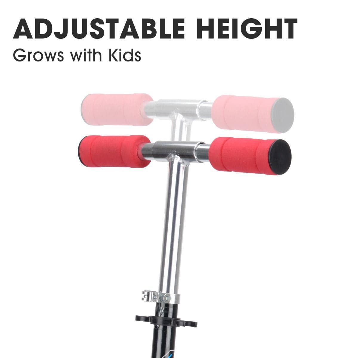 The image depicts a pogo stick with red foam handles and an "Adjustable Height" feature symbolized by a faded duplicate handlebar, showcasing growth adaptability akin to the Xootz Electron Foldable Kids Kick Scooter - Blue.