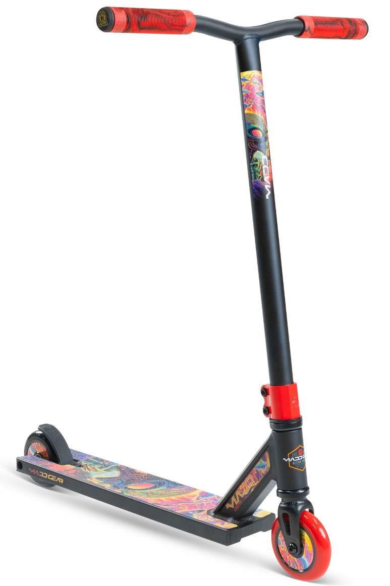 The Madd Gear MG 2 Obsidian Complete Stunt Scooter - Frenzy features vibrant artwork, red handle grips, a red front wheel, and a black rear wheel. "Madd Gear" branding appears on the stem and base. Ideal for aspiring stunt riders.