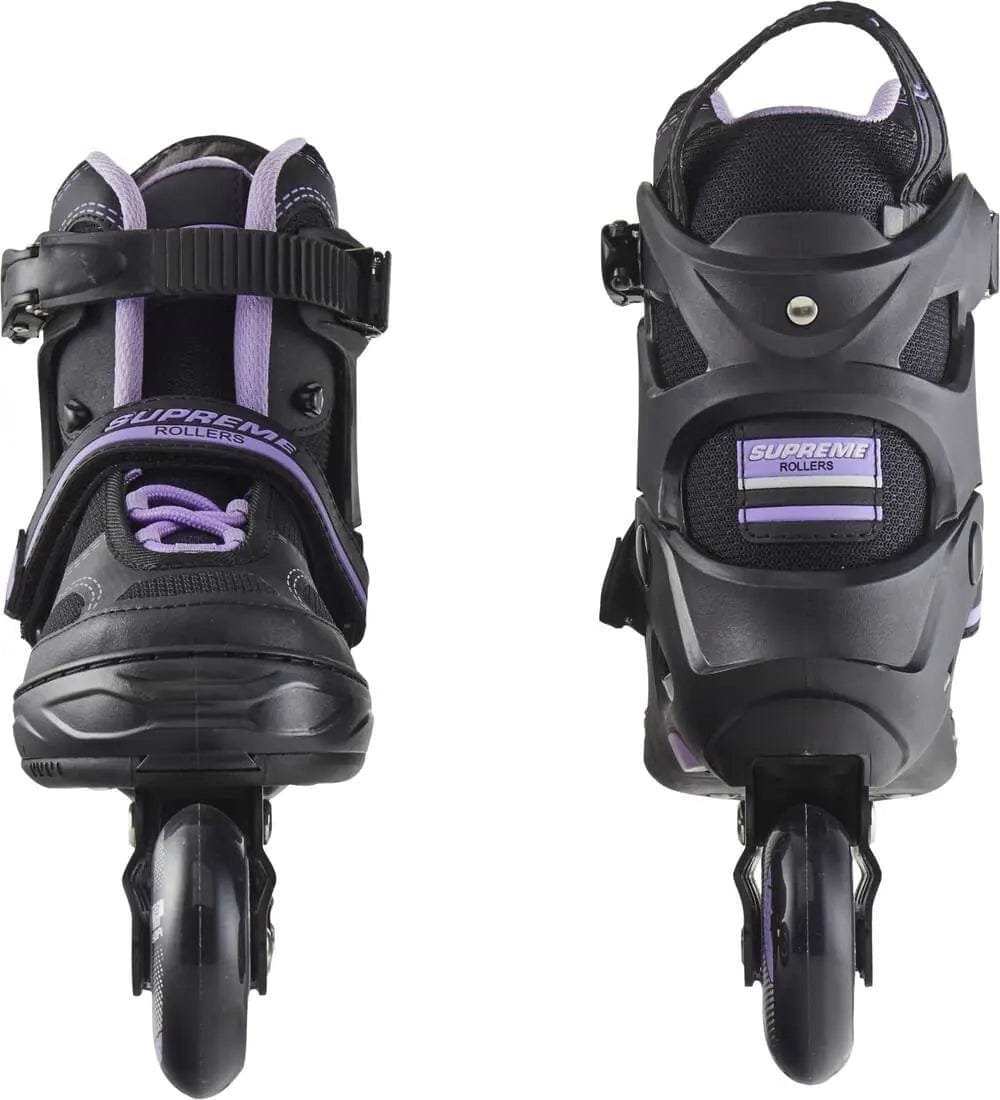 The Supreme Venice Adjustable Kids Inline Skates in black/purple by Supreme feature semi-soft boots, visible straps, and sturdy wheels—ideal for beginner skaters. Shown from the front and back.