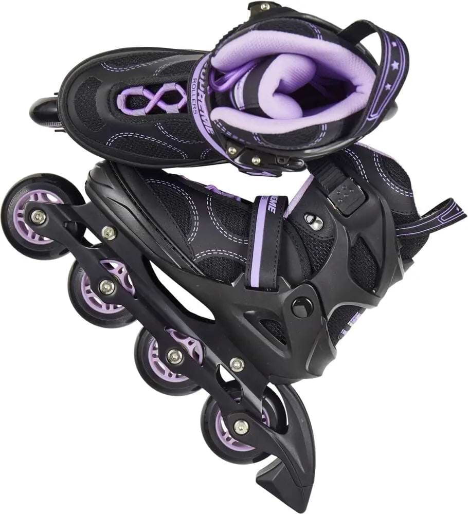 The Supreme Venice Adjustable Kids Inline Skates by Supreme feature black and purple semi-soft boots with four wheels each, shown overlapping diagonally on a white background. Ideal for beginners and young skaters.