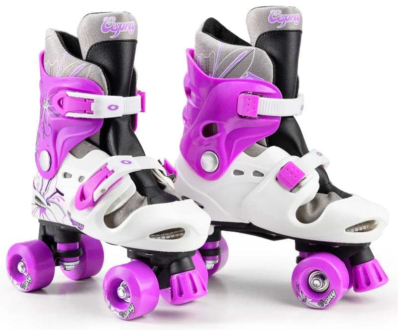 The Osprey Flower Adjustable Quad Roller Skates - Purple for kids feature floral designs, secure buckled straps, thick padding, and bright purple wheels.