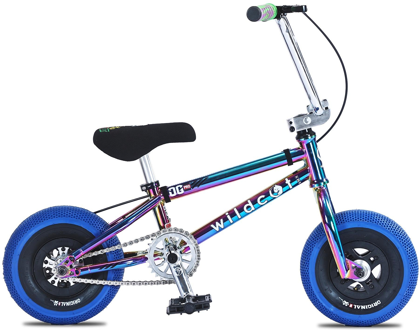 The Wildcat OG Pro Mini BMX Bike - Joker Blue Neochrome features blue tires, a black seat, a metallic rainbow-colored frame with "Wildcat" branding, bold turbo wheels, a single gear, and no training wheels.