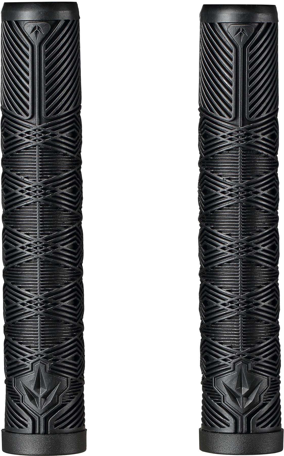Two Blunt Envy V3 Black Stunt Scooter Grips (160mm) with geometric textured patterns stand vertically side by side against a white background—ideal for enhancing any stunt scooter.