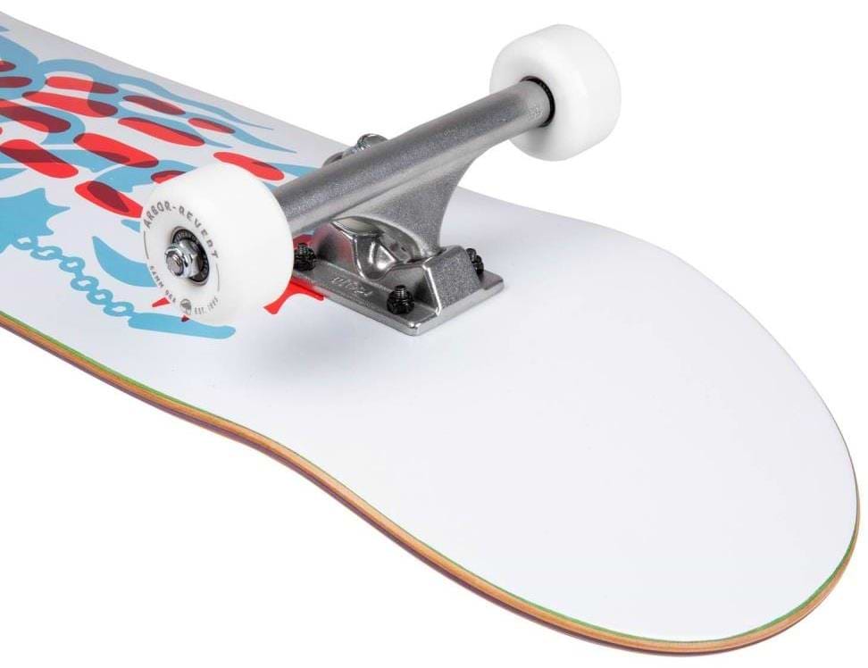 Close-up of the Arbor Street Chroma Multi Complete Skateboard (8.5" x 32.25) by Arbor, featuring white wheels, silver trucks, and a white deck with a vibrant red and blue abstract graphic—great for beginner skateboarders.